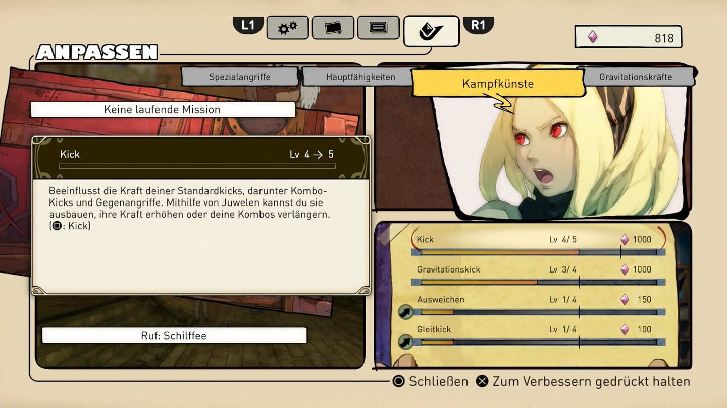 Gravity Rush RemasteredMit gesammelten Kristallen steigern wir unsere Fähigkeiten, Spezialangriffe und Charakterattribute wie Gesundheit und Erholungskraft.