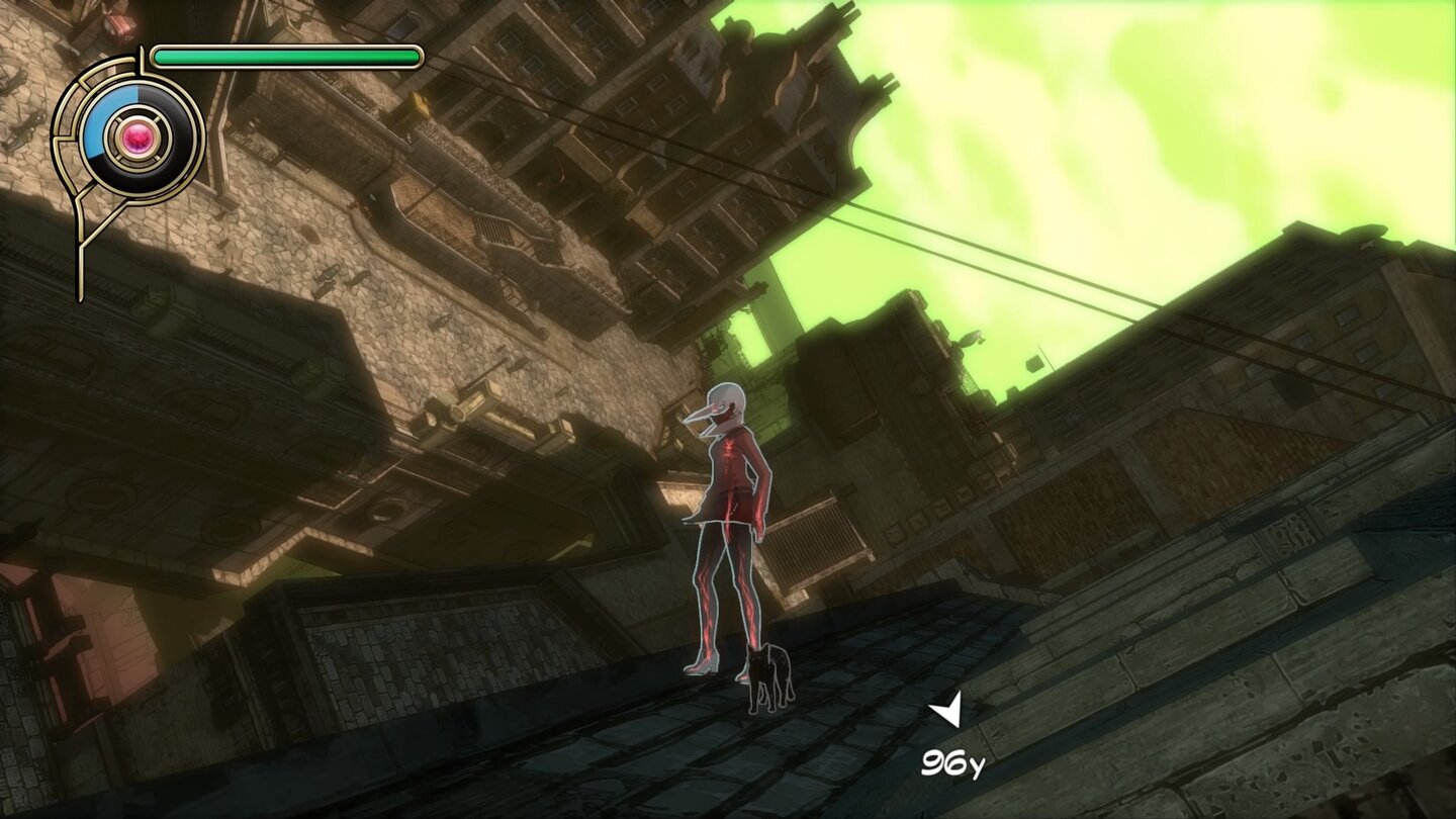 Gravity Rush RemasteredPer Tastendruck setzen wir die Gravitation außer Kraft und landen an einer Hausfassade.