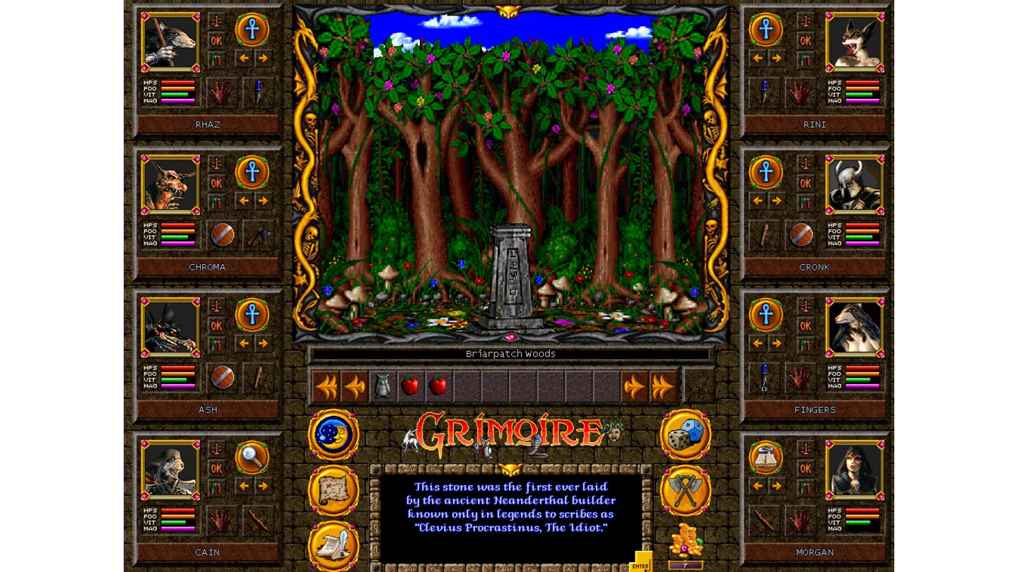 GrimoireDer Entwickler hat sich im Spiel ein Denkmal gesetzt und bezeichnet sich dort selbst als stinkfaulen Neandertaler und Idioten.