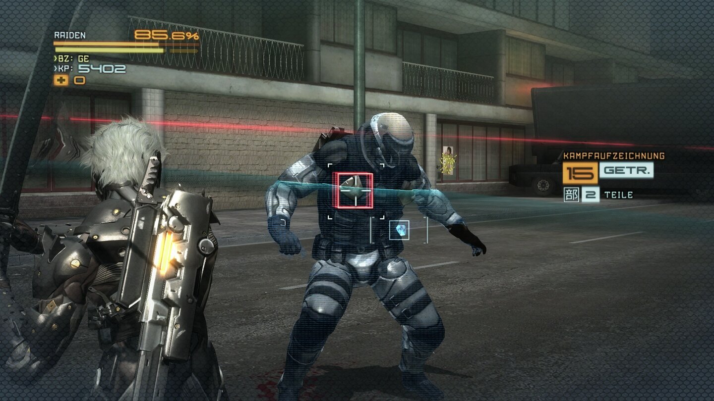 Metal Gear Rising: RevengeanceIst ein Gegner geschwächt, wird bei Benutzung des Klingen-Modus eine rote Zielmarkierung angezeigt. An dieser Stelle verbirgt sich der Energiekern im Gegner,