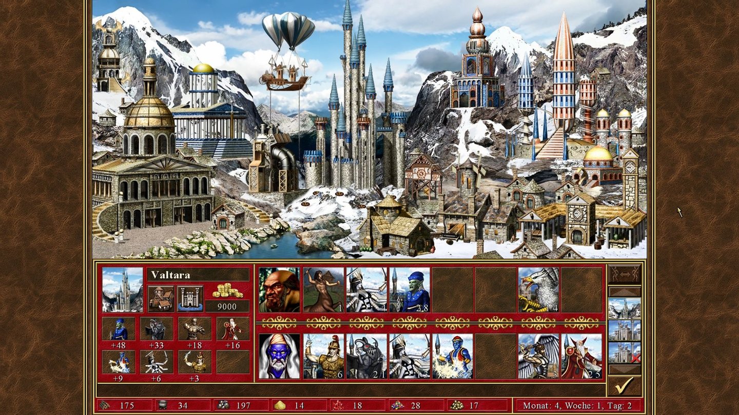 Heroes of Might & Magic 3 HDSuchtfaktor 3: Stadtausbau. Diese Stadt der Turm-Fraktion ist komplett aufgebaut, inklusive Grals»gebäude« – das Luftschiff oben links.