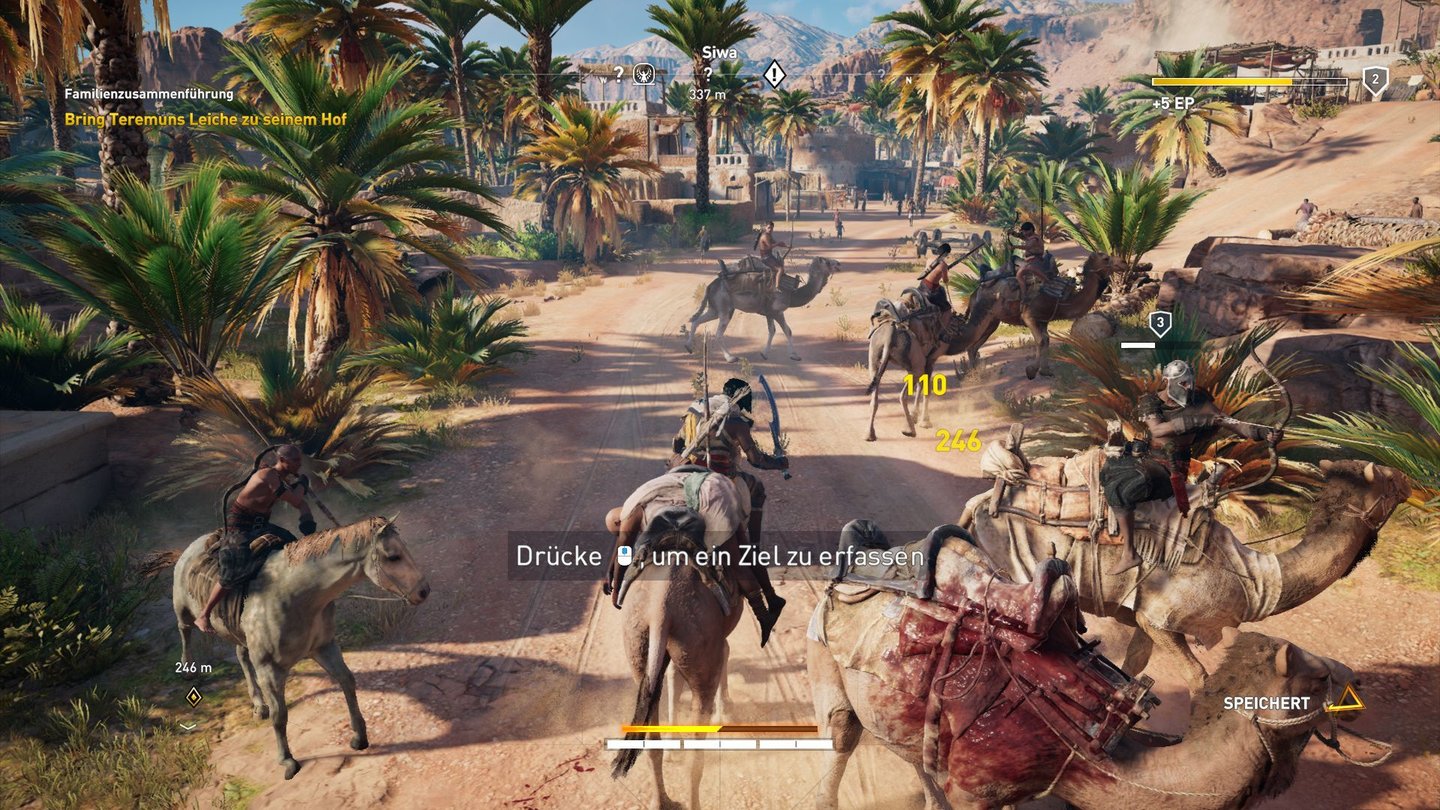 Assassin's Creed OriginsWer hoch zu Ross beziehungsweise Kamel nicht aufpasst, hat schnell mal eine komplette Patrouille am Assassinen-Hals. Kein großes Drama, reitend zu kämpfen macht in Origins nämlich wirklich Laune.