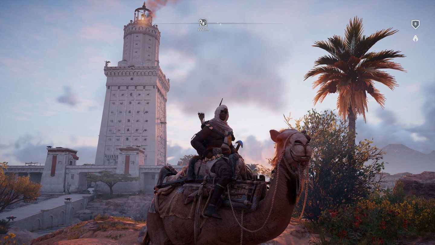 Assassin's Creed OriginsDa freut sich sogar das Kamel: Den legendären Leuchtturm von Pharos zu erklimmen zählt zu den absoluten Kletter-Höhepunkten der gesamten Serie.