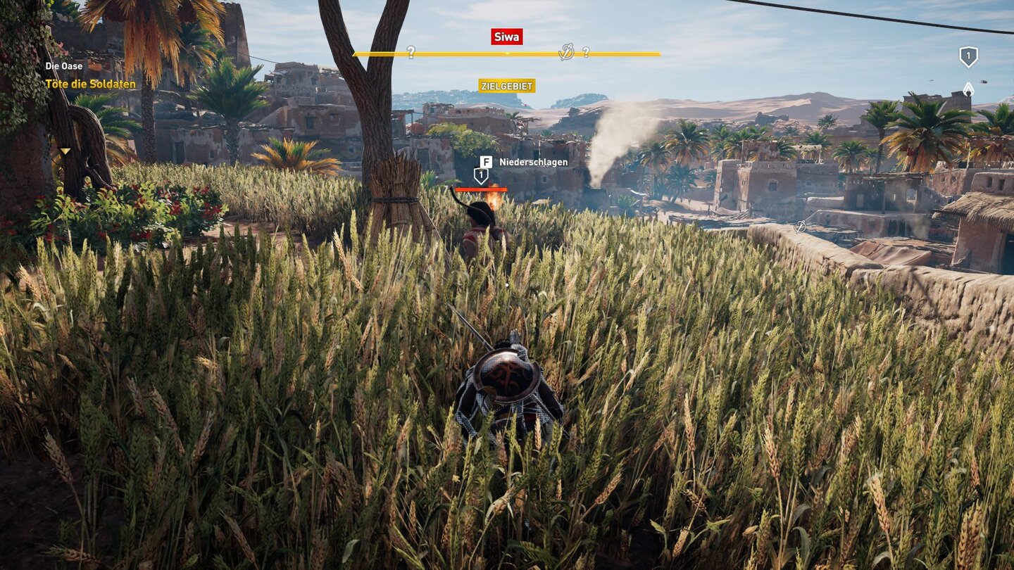 Assassin's Creed OriginsKlassisches Assassinen-Anschleichen im dichten Kornfeld. Die Vegetation sieht auf dem PC deutlich besser aus als auf Konsolen.