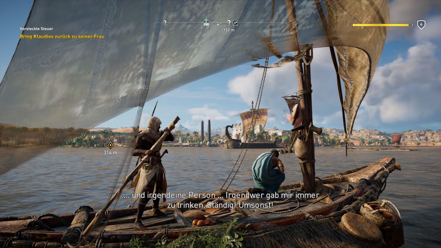 Assassin's Creed OriginsAmüsante Nebenquest: Wir verschiffen einen verkaterten Griechen zu seiner Hochzeit.