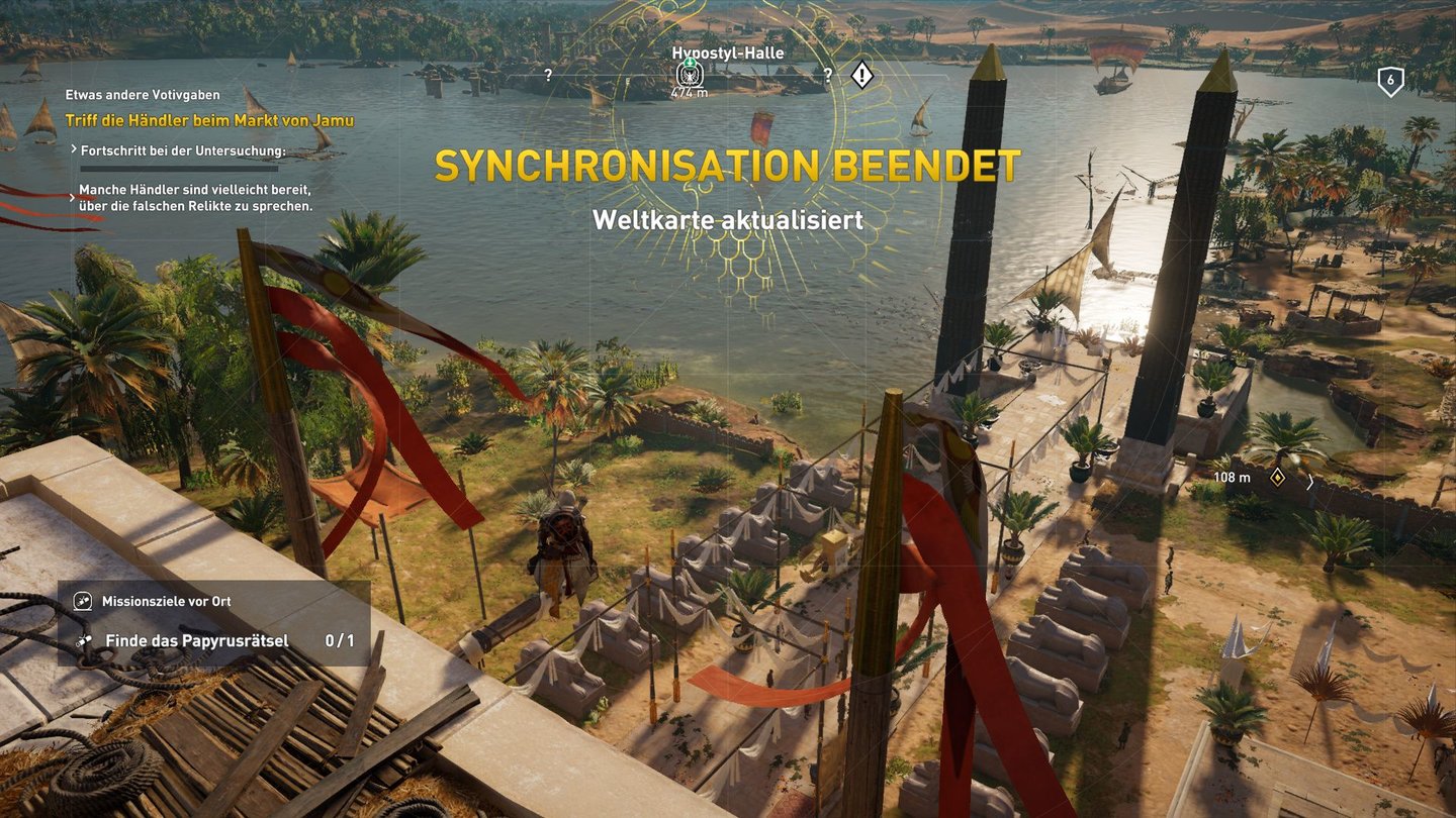 Assassin's Creed OriginsDas Synchronisieren schaltet Schnellreisepunkte frei und enthüllt mehr Details auf der Weltkarte.