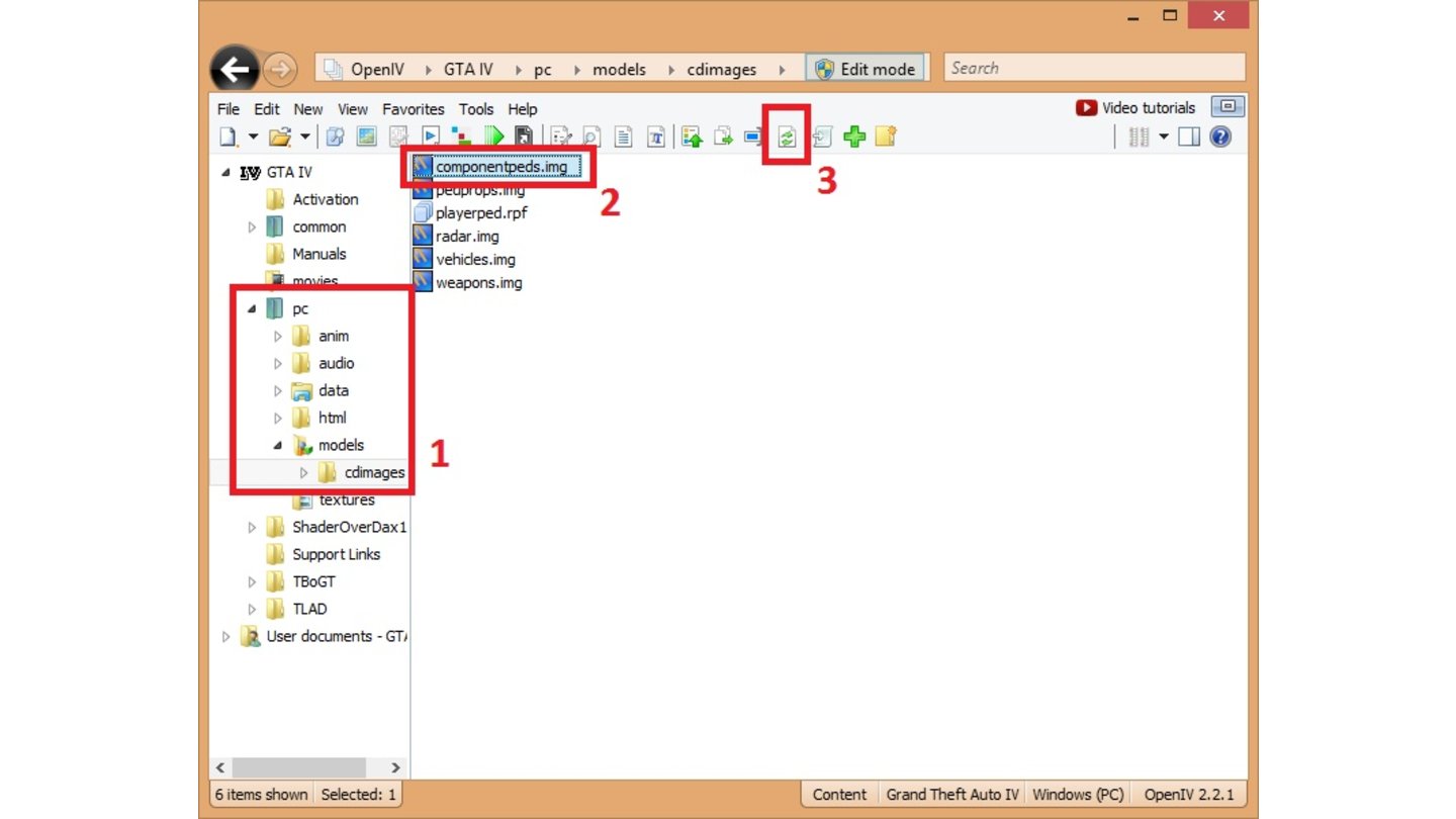 GTA 4 Mod-Anleitung Schritt 12Nach einer kurzen Suche des GTA 4 Spiele-Ordners öffnet sich das Programm. Links in der Navigationsleiste öffnen wir ».../pc/models/cdimages« (1). Dort wählen wir in linken Fenster die Datei »componentpeds.img« aus (2). Neben der Suchleiste aktivieren wir den »Edit Mode« und klicken auf den »Replace«-Knopf (3). Im »Öffnen«-Fenster navigieren wir in den »Tweak ALL the Peds« Mod-Ordner, wählen dort die »componentpeds.img« und klicken auf öffnen. Dadurch wird die alte Image-Datei durch die neue ersetzt.