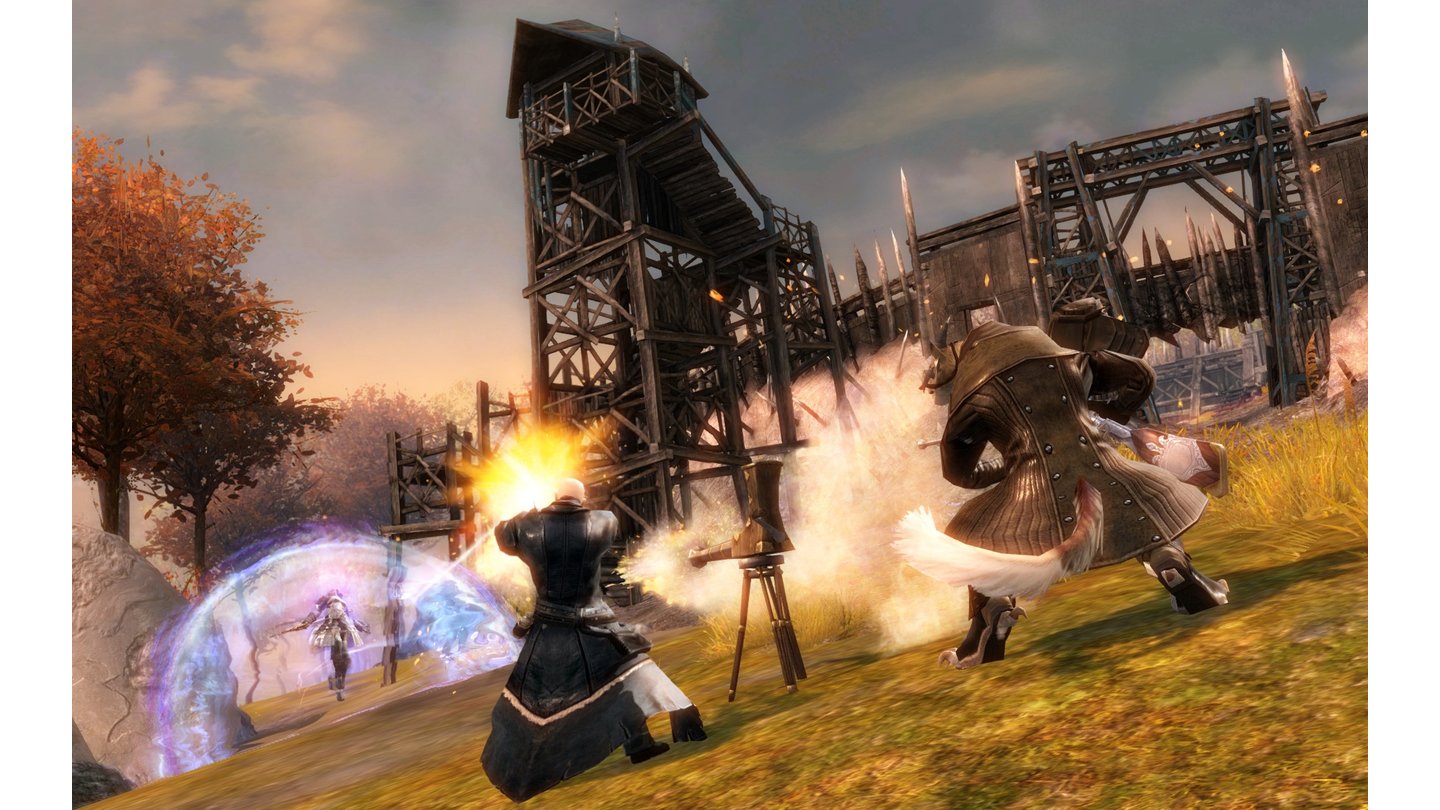 Guild Wars 2Feuerkraft: Ein Ingenieur-Chaar und ein Menschen-Dieb feuern gemeinsam auf die Schutzblase eines Wächters. Zur Unterstützung hat der Ingenieur einen Gewehr-Turm aufgestellt, der automatisch auf Feinde feuert.
