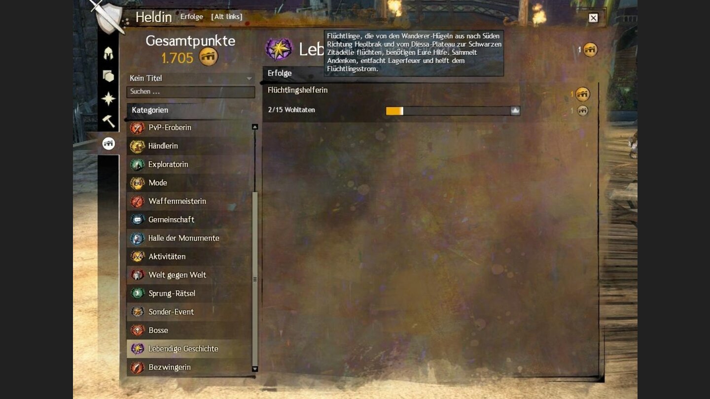 Guild Wars 2 - Flamme und Frost75 Erfolgspunkte gibt es, wenn man sich als Flüchtlingshelfer verdingt.