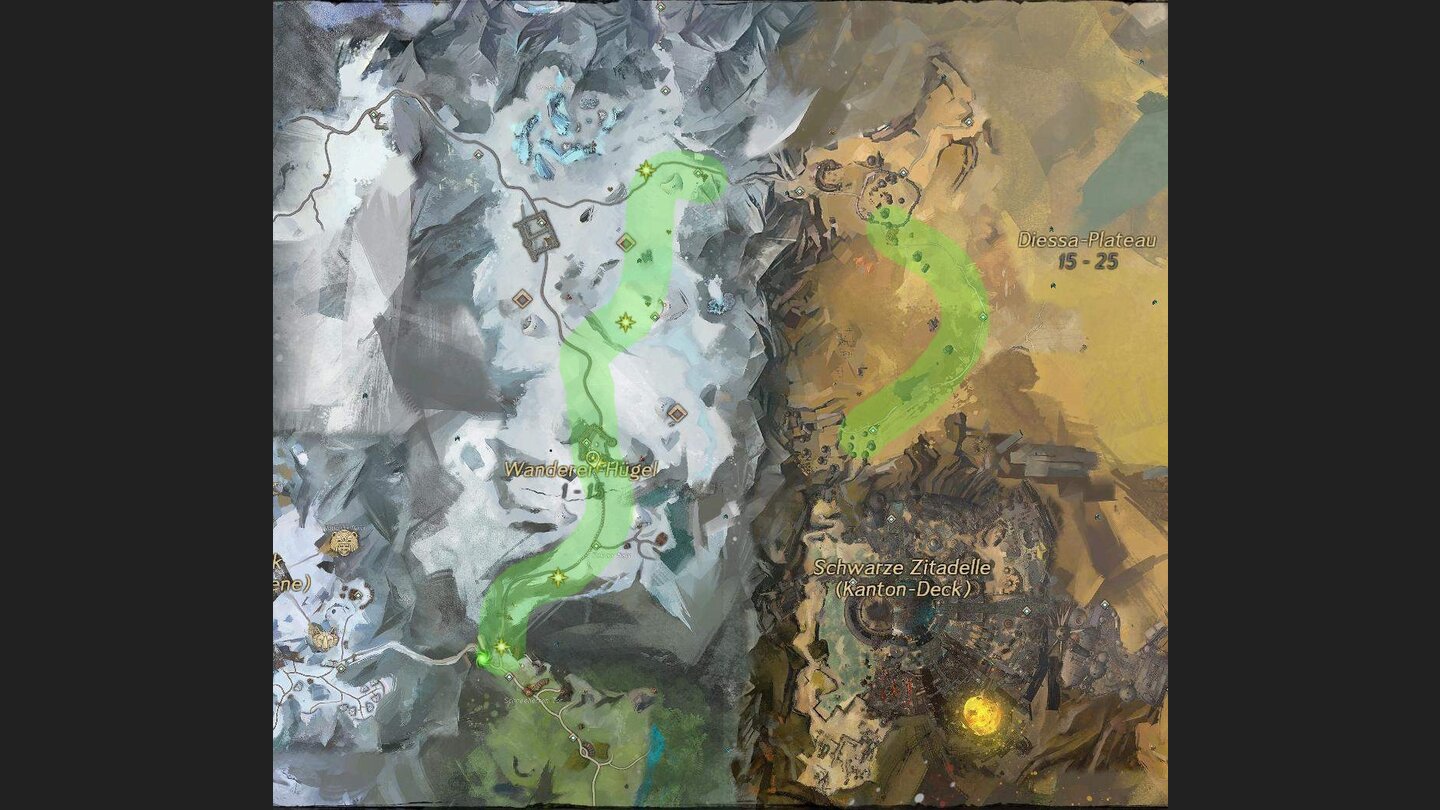 Guild Wars 2 - Flamme und FrostEntlang der eingezeichneten Wege haben wir die Event-Aufgaben erledigt.