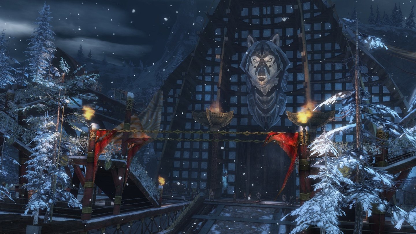 Guild Wars 2Die Versammlungshalle wird von einem Wolf-Totem geschmückt.