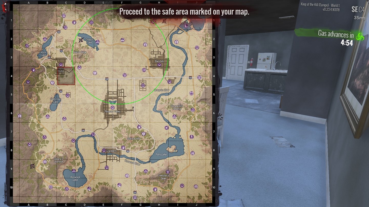 H1Z1: King of the KillDas markierte Planquadrat auf der Karte zeigt unsere ungefähre Position an, der Kreis den Bereich, der nicht vergast wird.