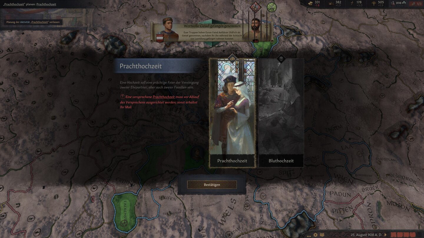 Habt ihr bei der Verlobung eine Prachthochzeit beschlossen, wird es am hohen Tag recht teuer. Seid ihr ein fieser Schurke, könnt ihr auch die Familie der Braut abmurksen.