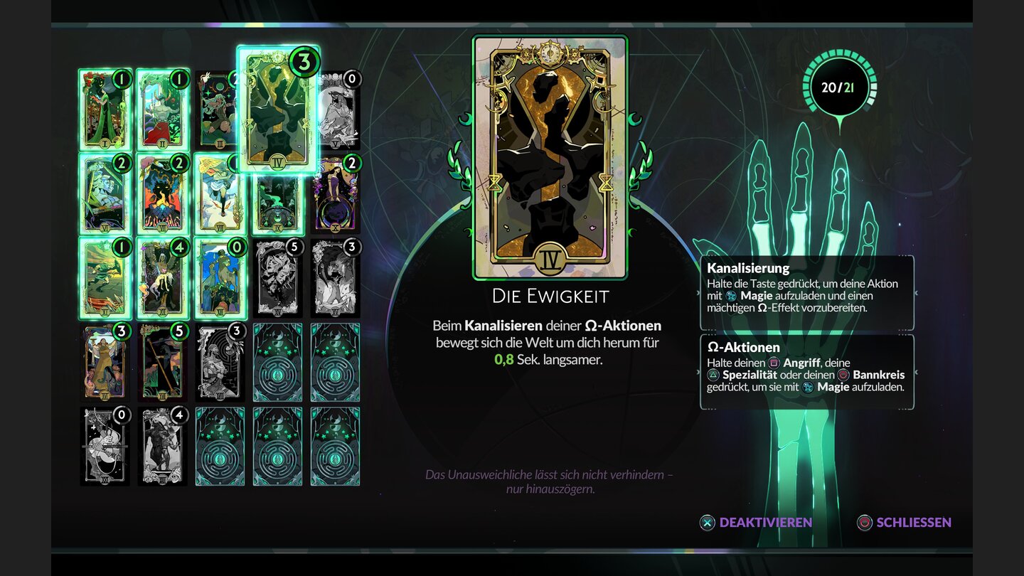 Über Tarotkarten verleiht ihr euch besondere Skills und Boni. Ihr könnt damit sogar eine weitere Ladung der Todesverachtung gewinnen oder die Zeit um euch verlangsamen, wenn ihr Zauber wirkt.