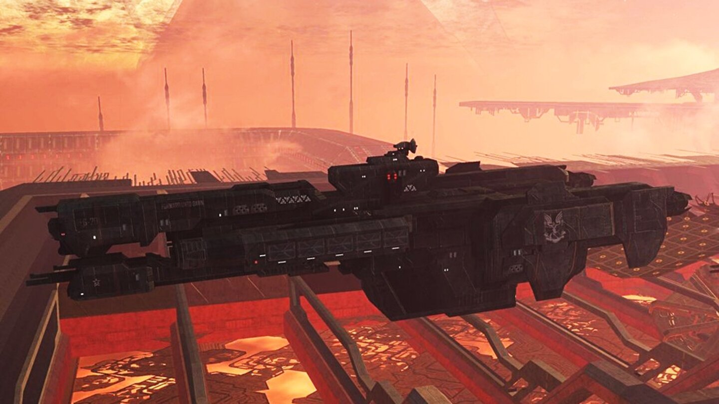 Halo 4 - UNSC Forward Unto DawnVon der UNSC Forward Unto Dawn ist in Halo 4 nicht mehr viel übrig, nachdem das Schiff in Halo 3 auseinandergerissen wurde. Sie treibt zwar führungslos durchs All, die Kryokammern funktionieren aber offensichtlich noch. Erst durch den Angriff der Allianztruppen wird das Schiff zerstört und der Master Chief muss mit Cortana auf Requiem notlanden.
