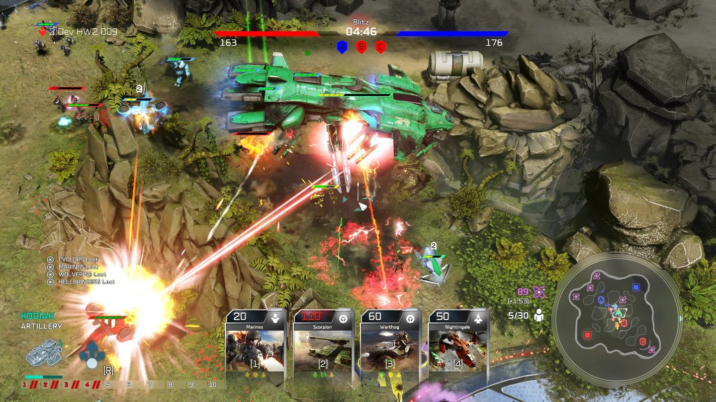 Halo Wars 2Die Condor-Supereinheit teilt ordentlich aus, um im Blitz-Modus den Kartenpunkt rechts unten zu halten.