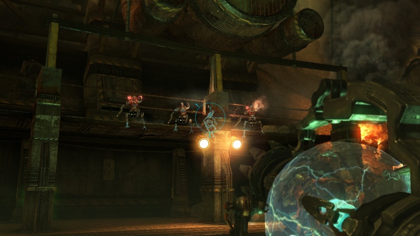 Hard Reset - Extended EditionMit der Railgun können wir Gegner auch durch Wände anvisieren und treffen. Genau wie das Vorbild, mit dem einst Arnold Schwarzenegger rumgespielt hat.