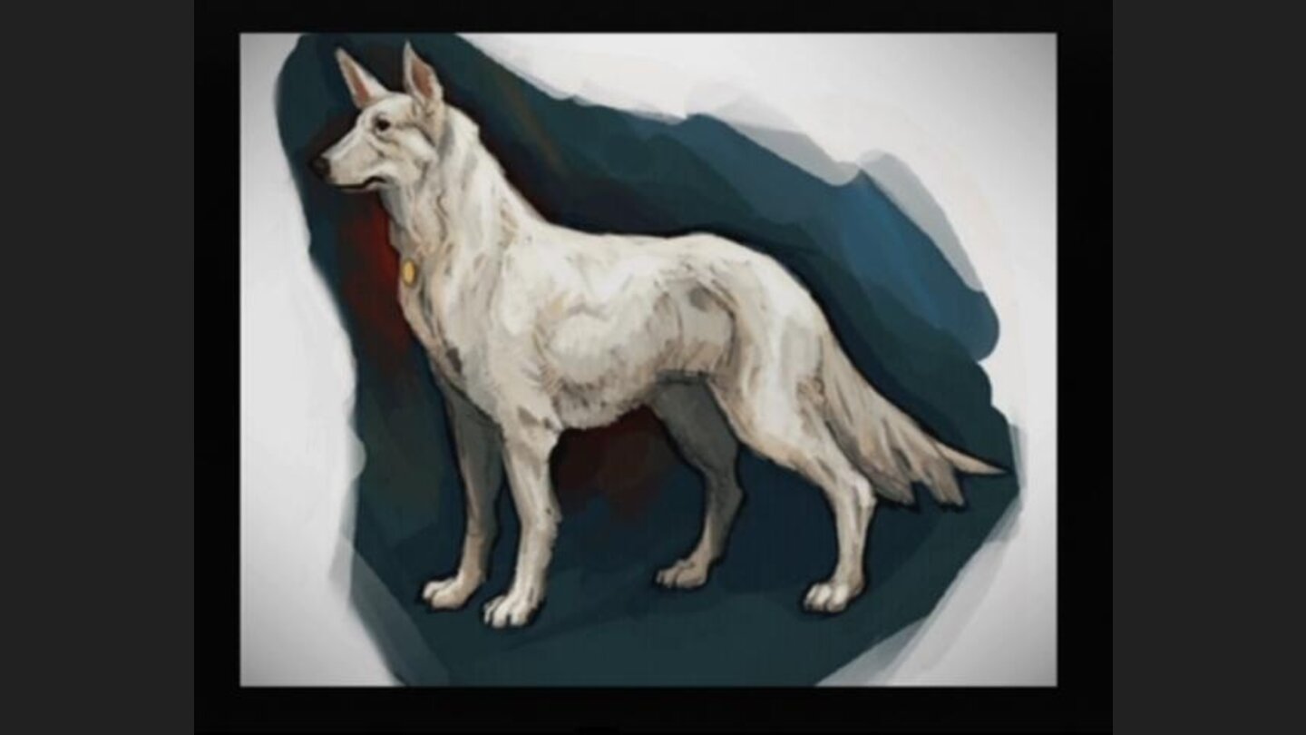Concept art of Howie, the white German Shepherd