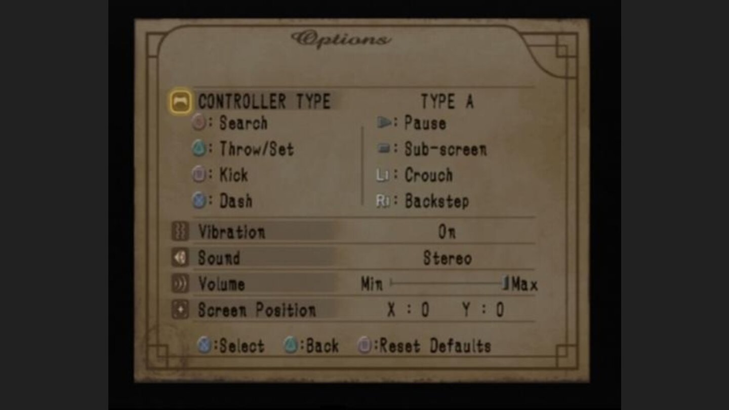 Options screen