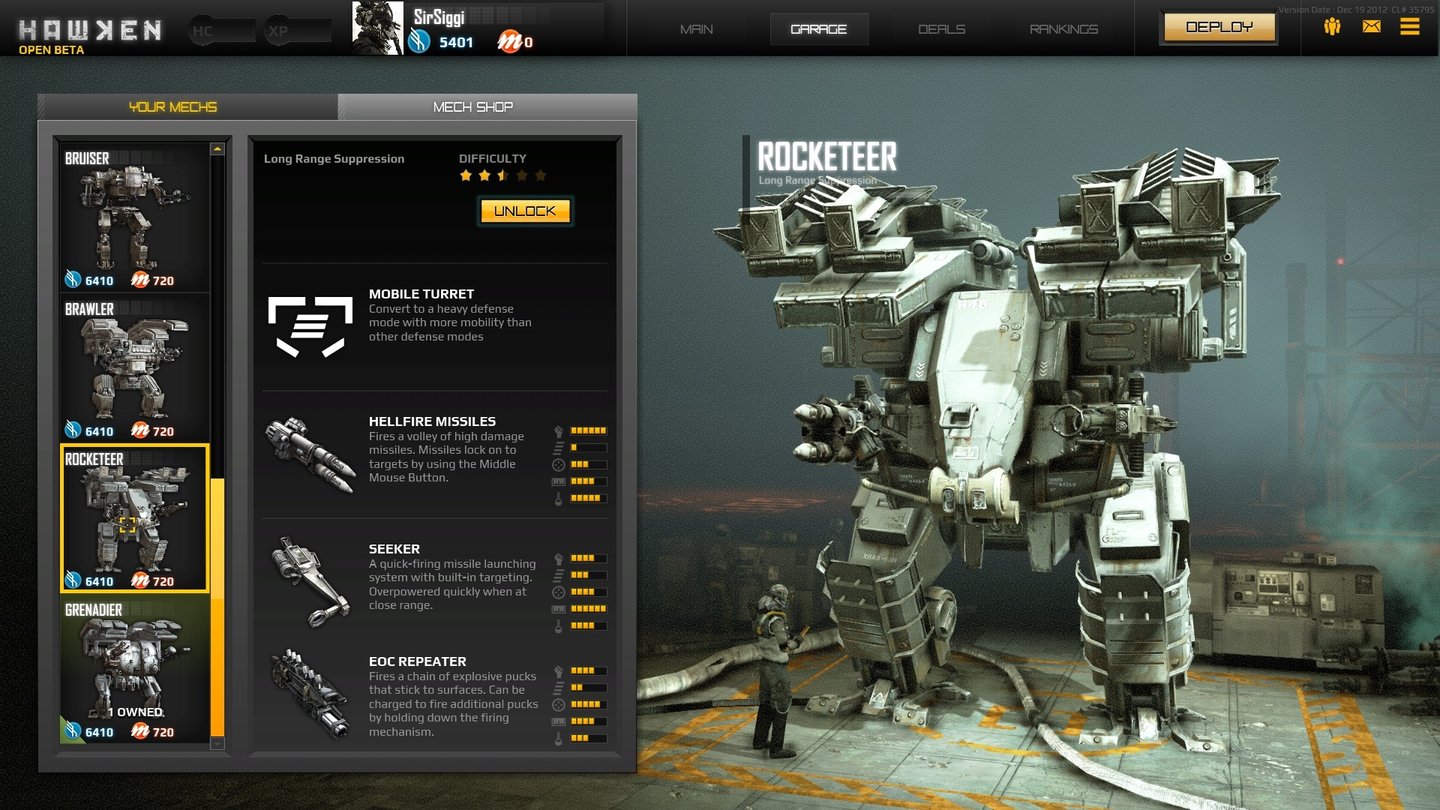 HawkenDer Rocketeer deckt Gegner auf große Distanz mit Raketen ein, er lässt sich außerdem in einem Turm verwandeln.