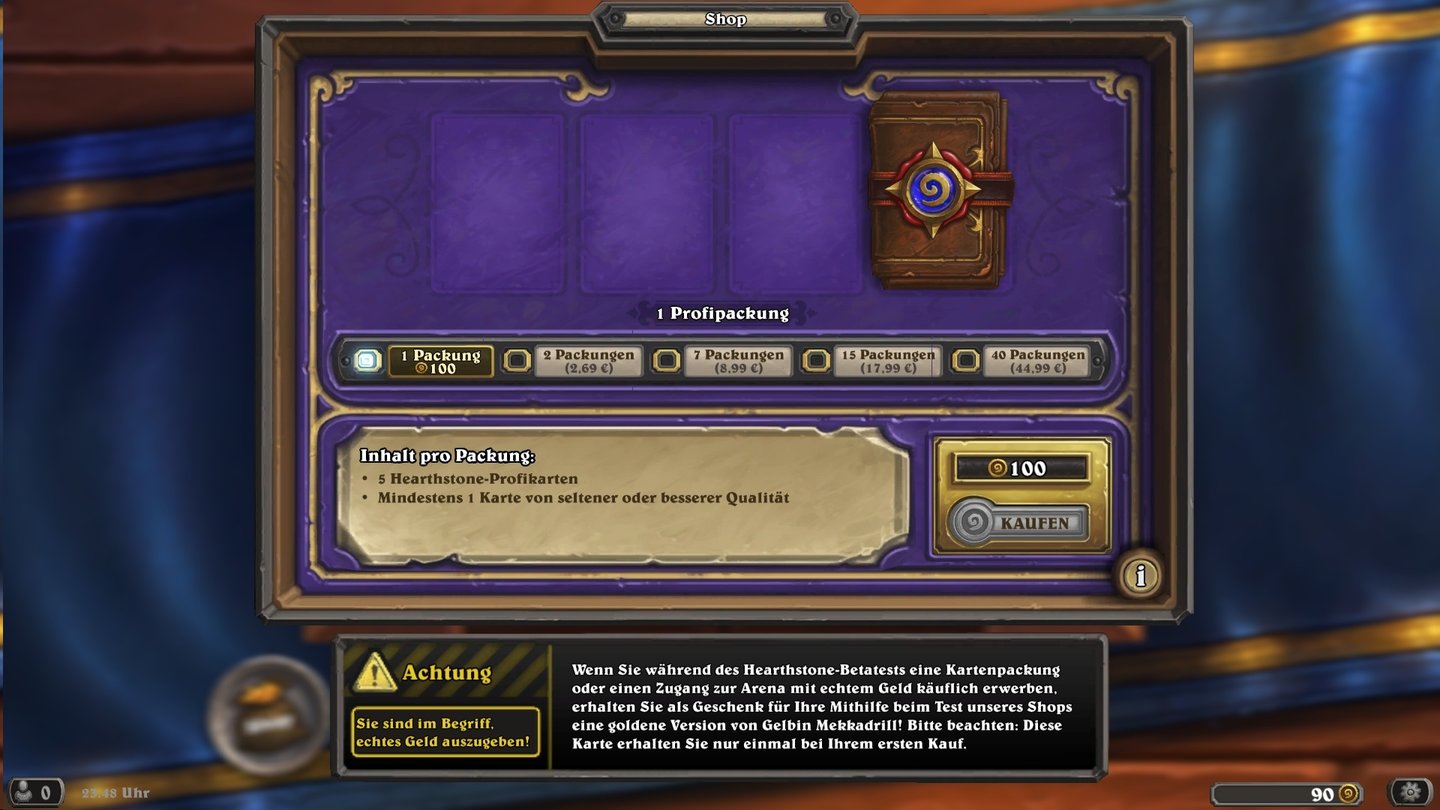 Hearthstone: Heroes of WarcraftJedes Kartenpaket enthält fünf zufällige Karten, wir bezahlen wahlweise mit Ingame-Gold oder Echtgeld.