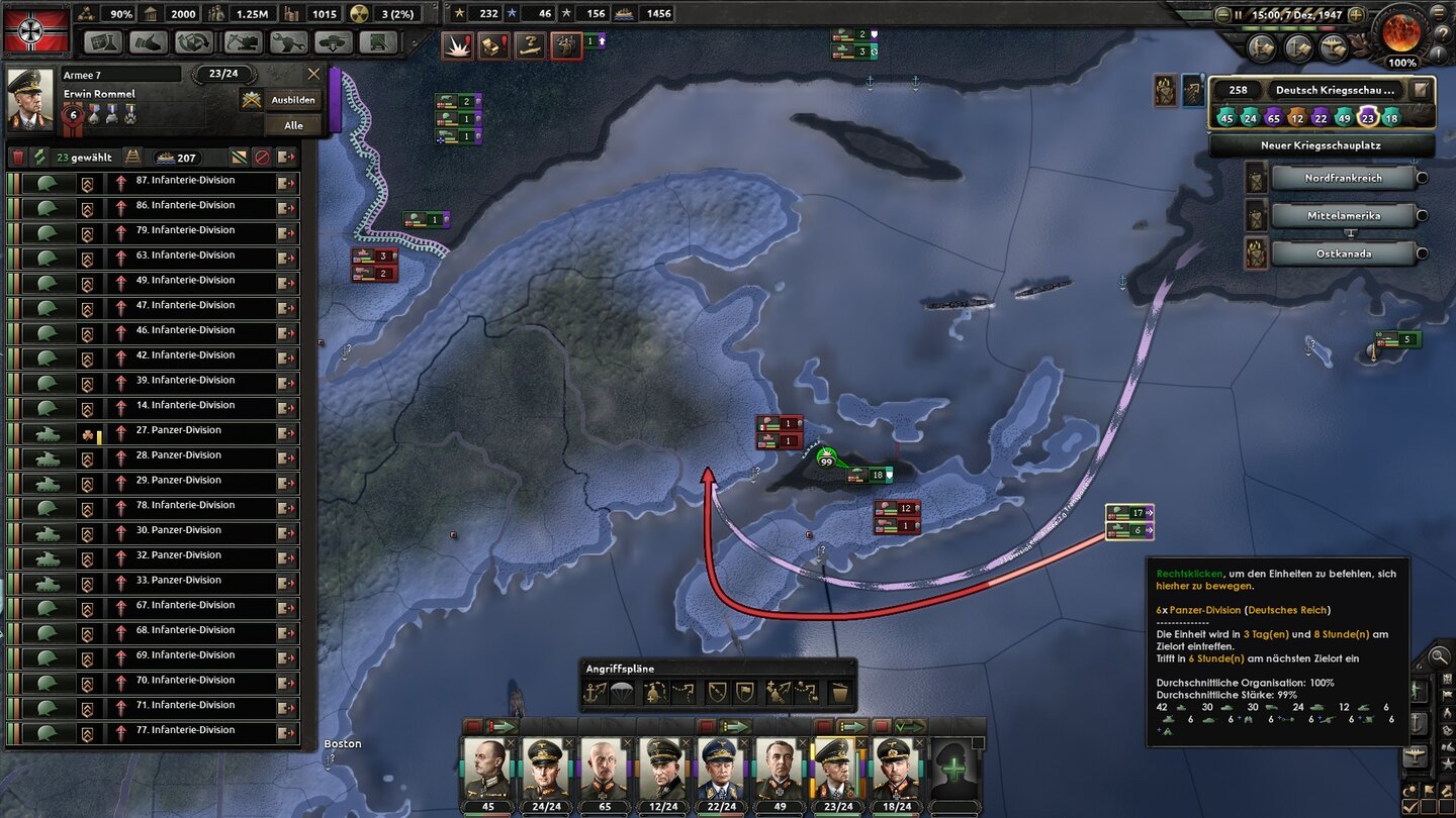 Hearts of Iron 4Und am Ende war da die Landung in Nordamerika. Oder war es die Normandie? Egal. Mit Fallschirmspringern und Seeinvasionen setzen wir den Amerikanern zu. Dumm nur, dass unsere Truppen wegen mangelnder Versorgung reihenweise aus den Latschen kippen.