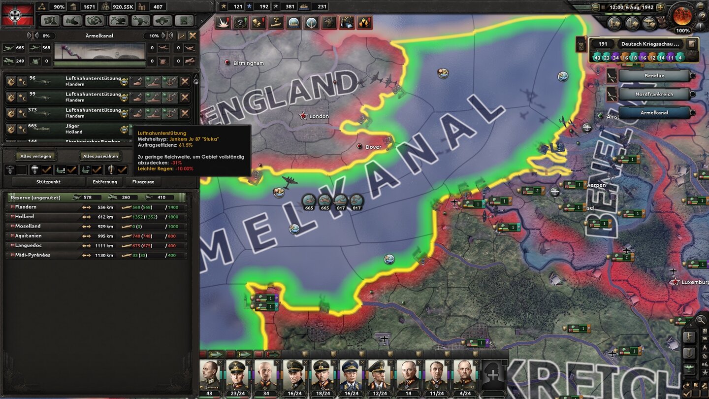 Hearts of Iron 4Auf lange Sicht wollen wir die britische Insel erobern. Dafür schicken wir unsere ganzen Fliegerstaffeln in den Ärmelkanal und zerschießen langsam aber sicher die feindliche Flotte.