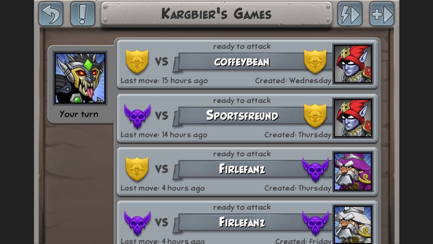 Hero AcademyDer Lobby-Bildschirm zeigt die offenen Matches und welche Gegner noch auf Züge warten.