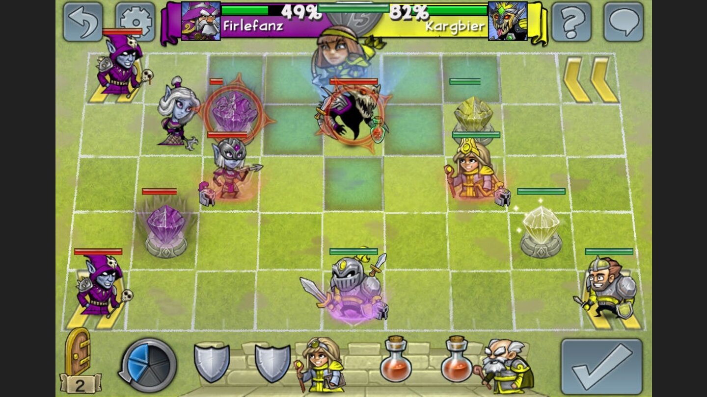 Hero AcademyNur noch zwei Aktionen (blaue Kreissektoren unten link) in diesem Zug übrig: Kristall angreifen oder doch den Dunkelelfen-Geist unschädlich machen?