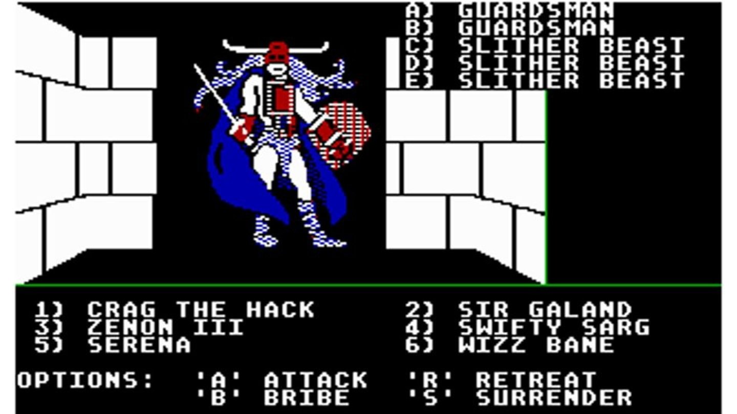 Sehr lange vor Heroes Huch, was macht Bard’s Tale denn hier? Falsch: Das ist ein Shot der C64-Version von Might & Magic Book 1, in dem Sie mit einer Heldengruppe durch Dungeons ziehen. In »3D«! Mit dabei sind Helden, die später auch in der Rundenstrategie-Serie mitmischen werden, zum Beispiel Barbar Crag the Hack.