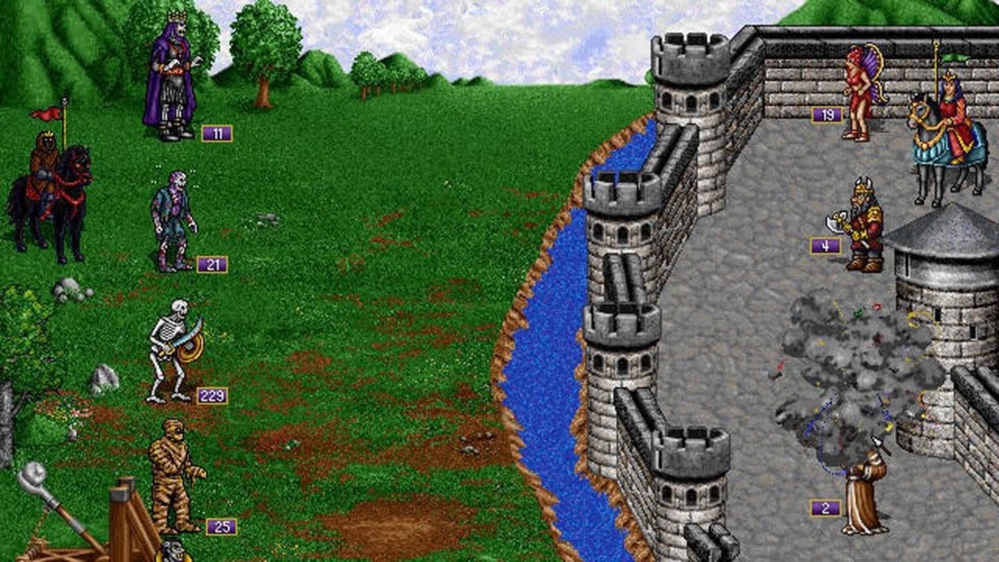 Heroes of Might and Magic 2 (1996)Stadtangriffe sind besonders herausfordernd, weil wir erst die Mauer zerbröseln müssen – oder ausschließlich mit Schützen, Zaubern und fliegenden Einheiten angreifen.