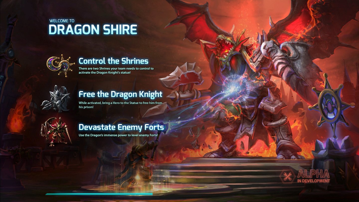Heroes of the Storm
Vor jeder Runde bekommen wir erklärt, was für Aufgaben auf der Karte gelöst werden müssen. Auf Dragon Shrine müssen wir die namensgebenden Schreine kontrollieren…