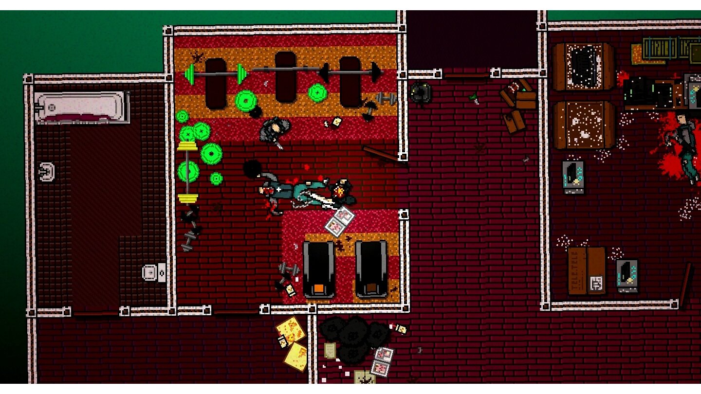 Hotline Miami 2: Wrong NumberBewaffnet mit der neuen Eisenkette ziehen wir dem Messerstecher eine über seinen Glatzkopf.