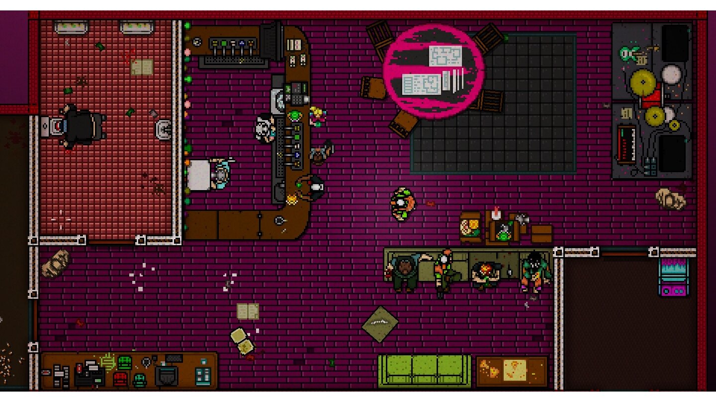 Hotline Miami 2: Wrong NumberDieser Club scheint der Treffpunkt der »Fans« zu sein. An manchen Stellen lassen sich hier schon einige Masken erkennen.