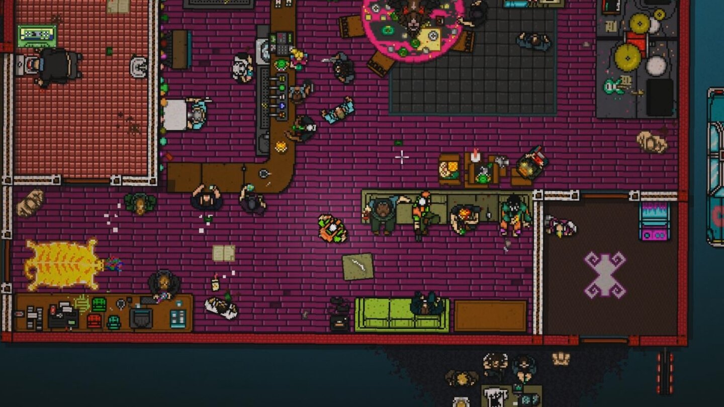 Hotline Miami 2: Wrong NumberZwar erkennt man oft nicht wirklich, was die Pixel darstellen sollen - trotzdem strotzen viele Areale vor Details. Hier das Hauptquartier der »Fans«