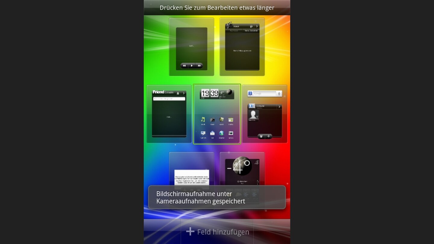 Durch Zusammenschieben des Bildschirms mit zwei Fingern zeigt die Sense-Oberfläche alle sieben Home-Screens in einer Übersicht an.