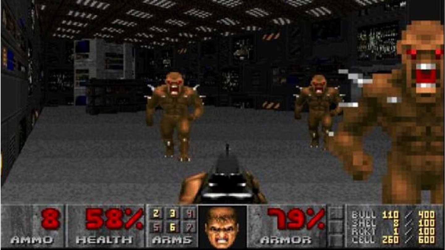 Doom (1993) Der erste Teil der Doom-Serie erscheint 1993 für den PC und gilt als Meilenstein in der Geschichte der Ego-Shooter. Als namenloser Marine bekämpfen wir auf dem Mars nach einem gescheiterten Experiment Dämonen aus der Hölle. Das eigentliche Ziel der Levels ist einfach: Wir müssen den Ausgang erreichen. Gegen die Horden von Dämonen hilft das umfangreiche Waffenarsenal von Doom (BFG 9000), während wir für verschlossene Türen mehr oder weniger gut versteckte Schlüsselkarten finden müssen.Im Multiplayer-Modus kämpfen bis zu vier Spieler im Koop oder Deathmatch. 1995 wird das Spiel als The Ultimate Doom mit mehr Levels neu aufgelegt – für die Käufer des Hauptspiels stellt id Software einen kostenlosen Inhaltspatch bereit. In Deutschland landen Doom und sein Nachfolger auf dem Index und dürfen von 1994-2011 nicht beworben werden, bis die Indizierung 2011 aufgehoben wird.