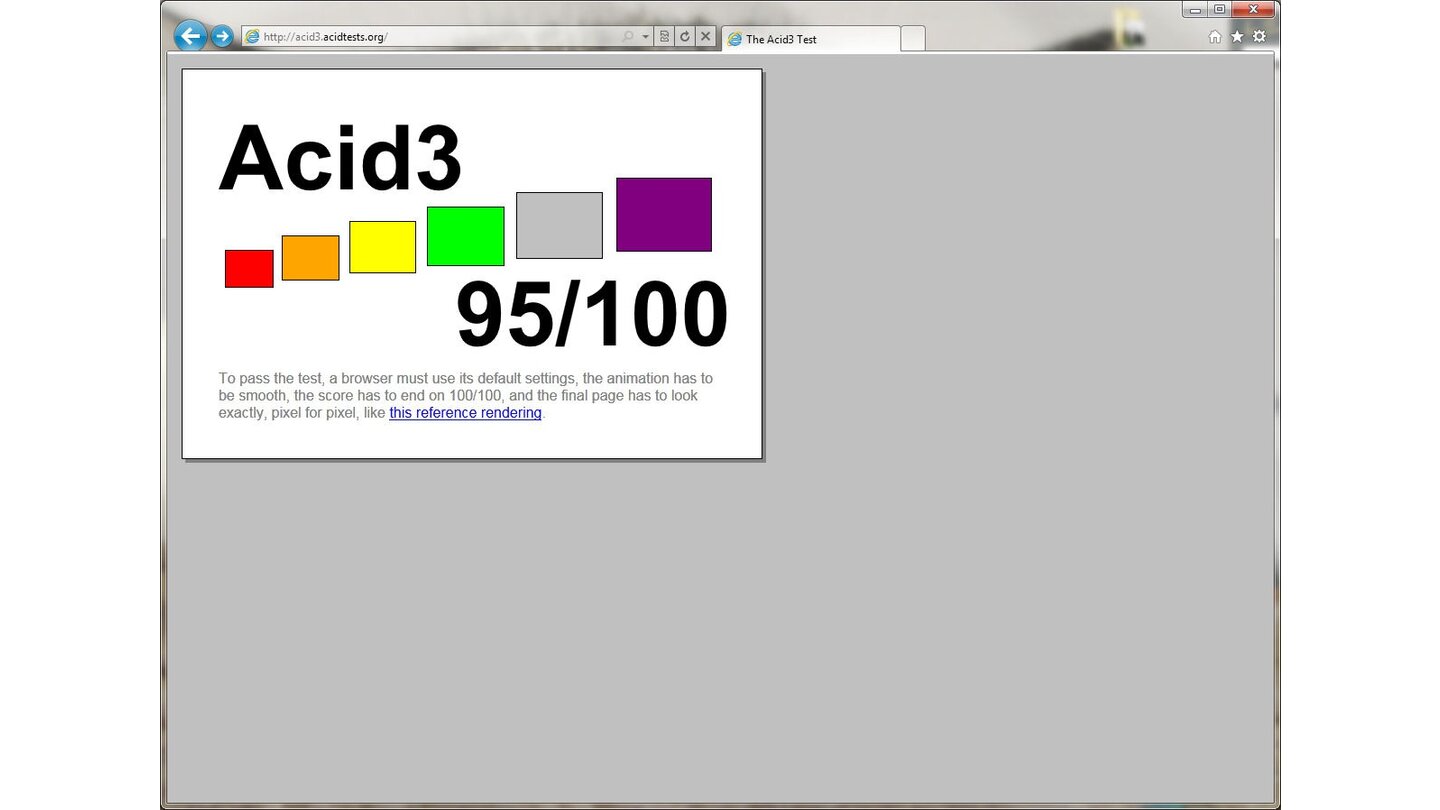 Internet Explorer 9 Beta: Acid-Test 3: Der neue Internet Explorer schafft 95 von 100 möglichen Punkten in diesem Webstandards-Test, bei dem die Fähigkeiten im Bereich DOM Level 2 und ECMAScript geprüft werden.
