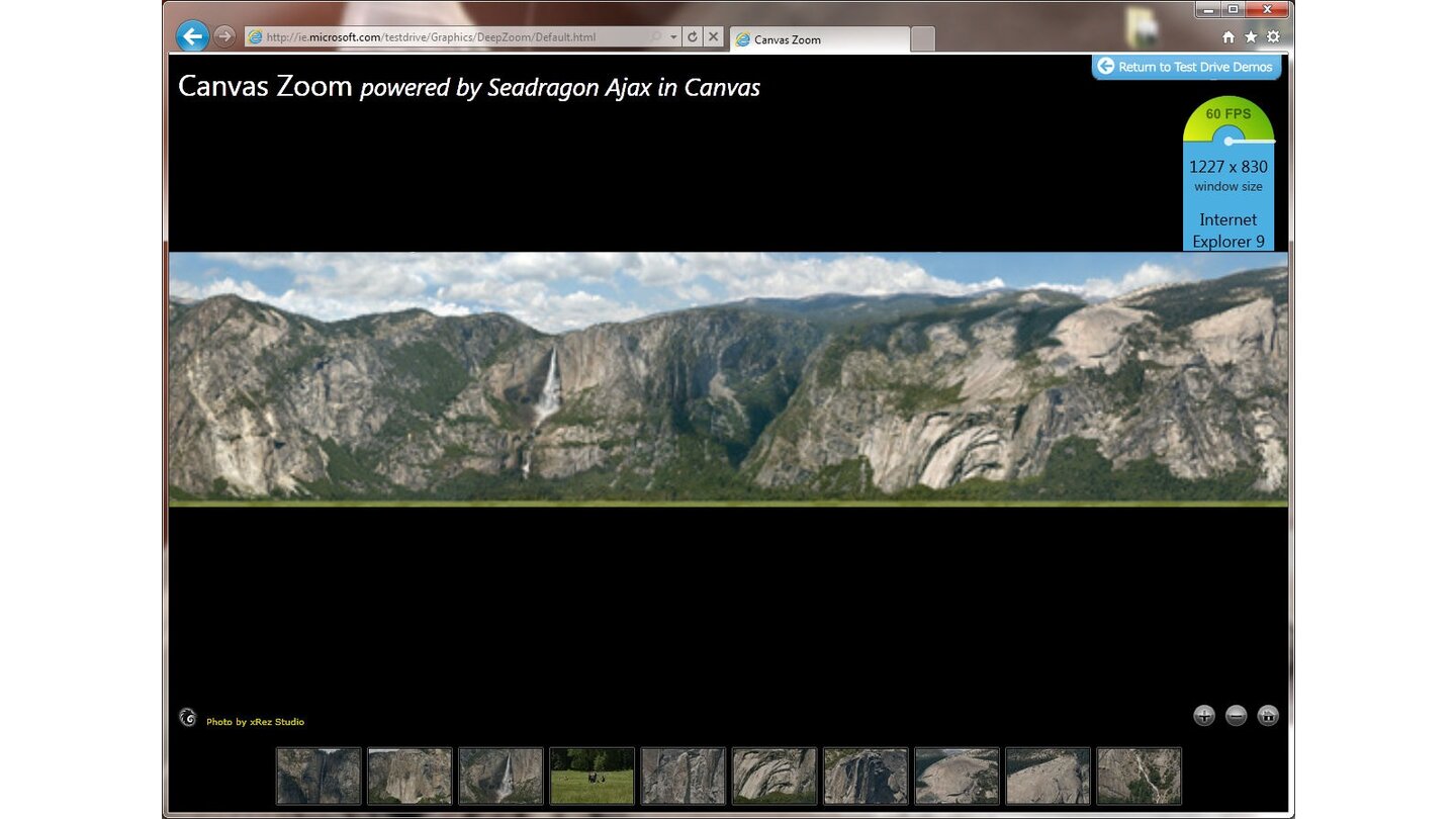 Internet Explorer 9 Beta: Die Grafikausgabe wird über die Grafikkarte beschleunigt. Damit sind sanfte Zooms ohne Prozessorbelastung möglich.