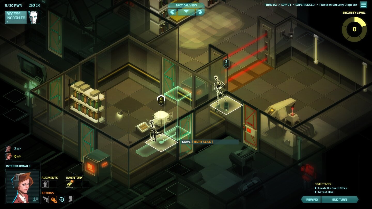 Invisible, Inc.Rundenweise schleichen wir durch streng bewachte Einrichtungen. Jede Map wird dabei zufällig generiert und bietet andere Herausforderungen.