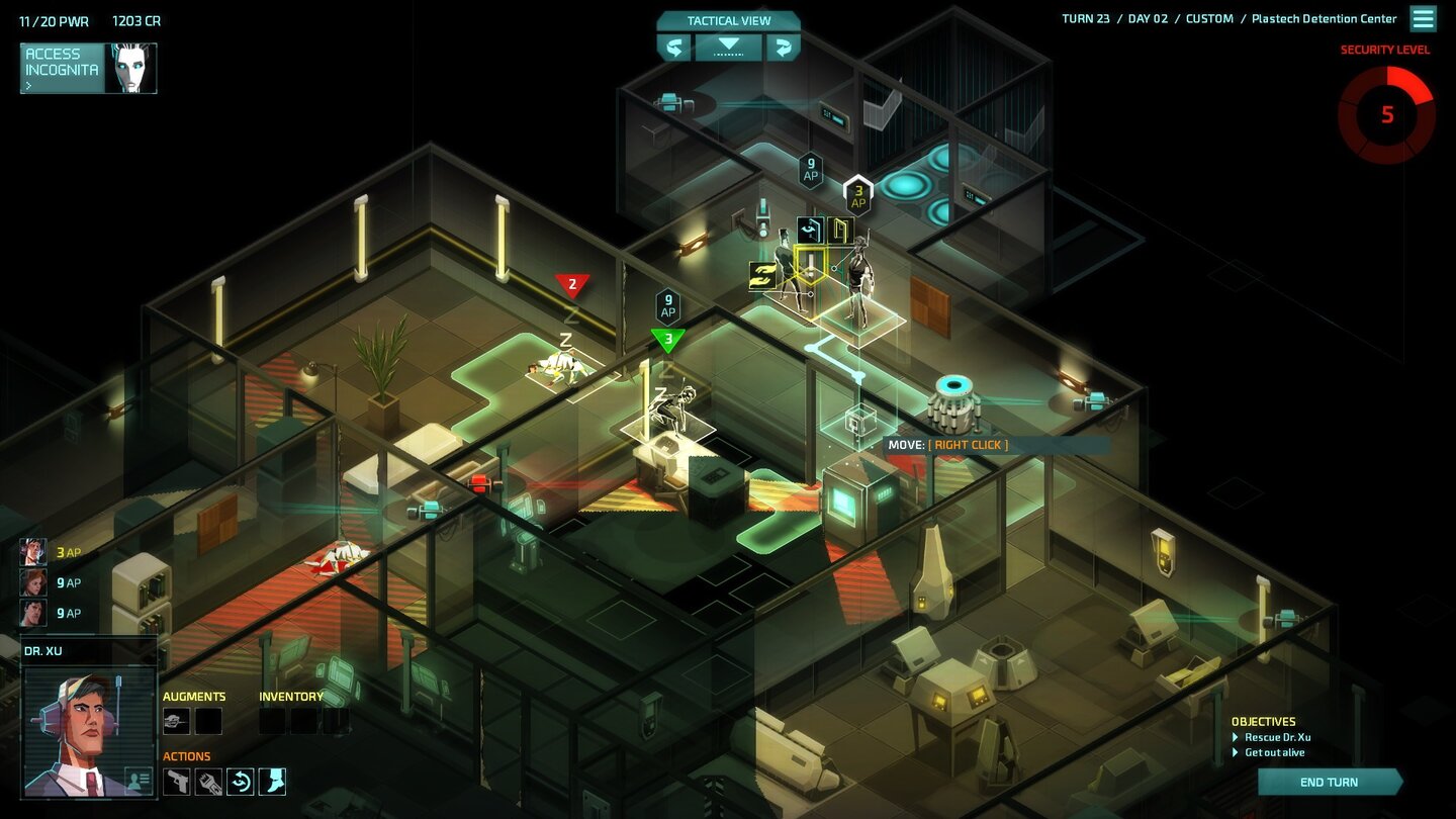 Invisible, Inc.Invisible, Inc. ist ziemlich komplex. Wer Erfolg haben will, muss zig Faktoren gleichzeitig im Auge haben – Kameras, Wachen, die Position der eigenen Agenten usw.