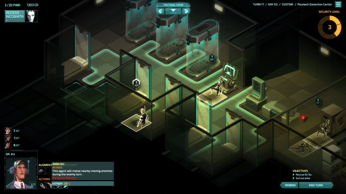 Invisible, Inc.Soeben haben wir einen vermissten Spionage-Kollegen befreit und unser Team wächst für diesen Run auf drei Agenten an. Jetzt brauchen wir nur noch Ausrüstung für den Neuzuwachs.