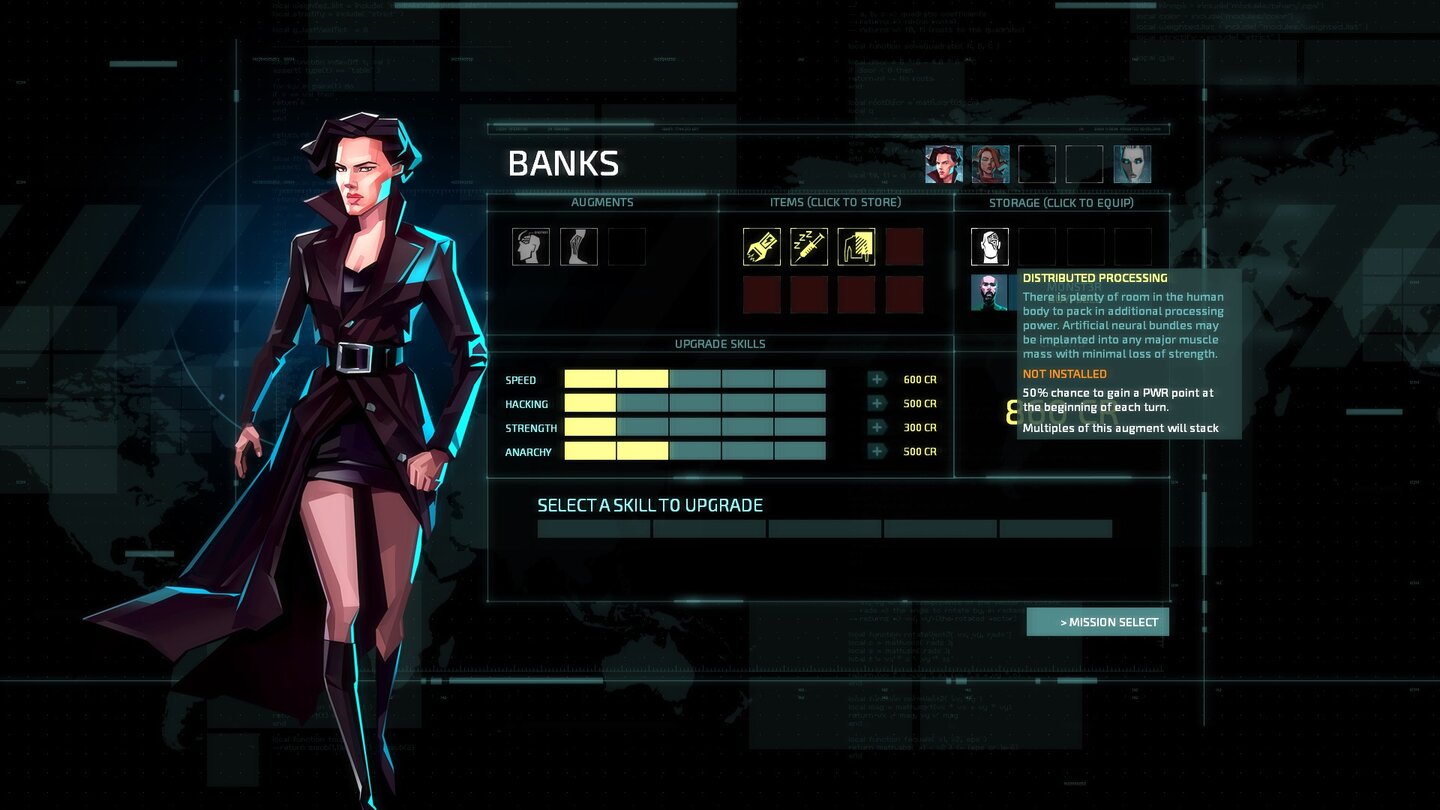 Invisible, Inc.Zwischen den Missionen verbessern wir unsere Agenten mit der erbeuteten Kohle oder kaufen neue Items.