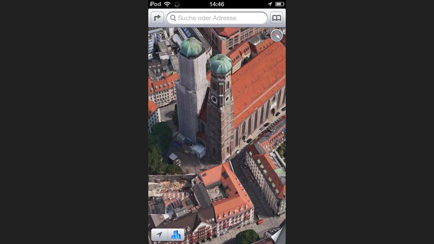 iPod TouchDie umstrittene Maps-App von Apple ist dank iOS 6 mit an Bord, bringt aber mangels GPS-Modul wenig.