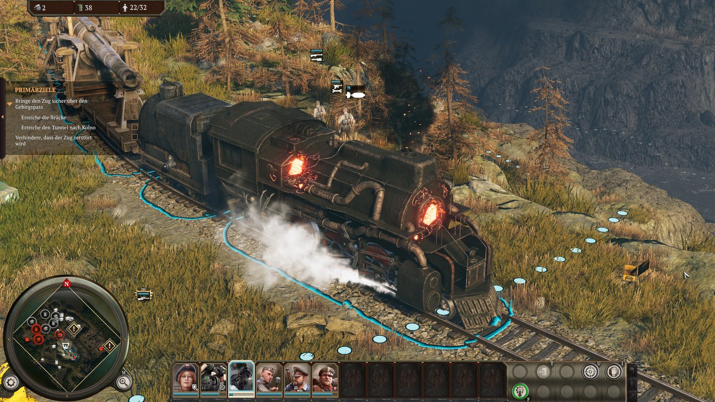 Iron HarvestNicht nur die Mechs sind klasse animiert: Unser Geschütz-Zug hat Treffer abbekommen, Pioniere reparieren ihn.
