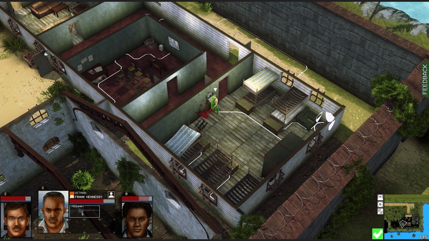 Jagged Alliance: Flashback
Kopfüber in einen Raum stürmen ist tödlich, wir sollten immer noch genug Aktionspunkte übrig haben, um Gegner hinter der Tür ausschalten zu können - wie hier geschehen.