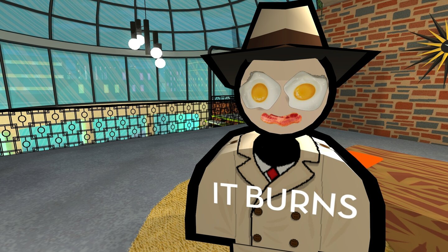 JazzpunkUnd das passiert, wenn wir die Bratpfanne anklicken. Kein Gag ist dem Spiel zu flach.