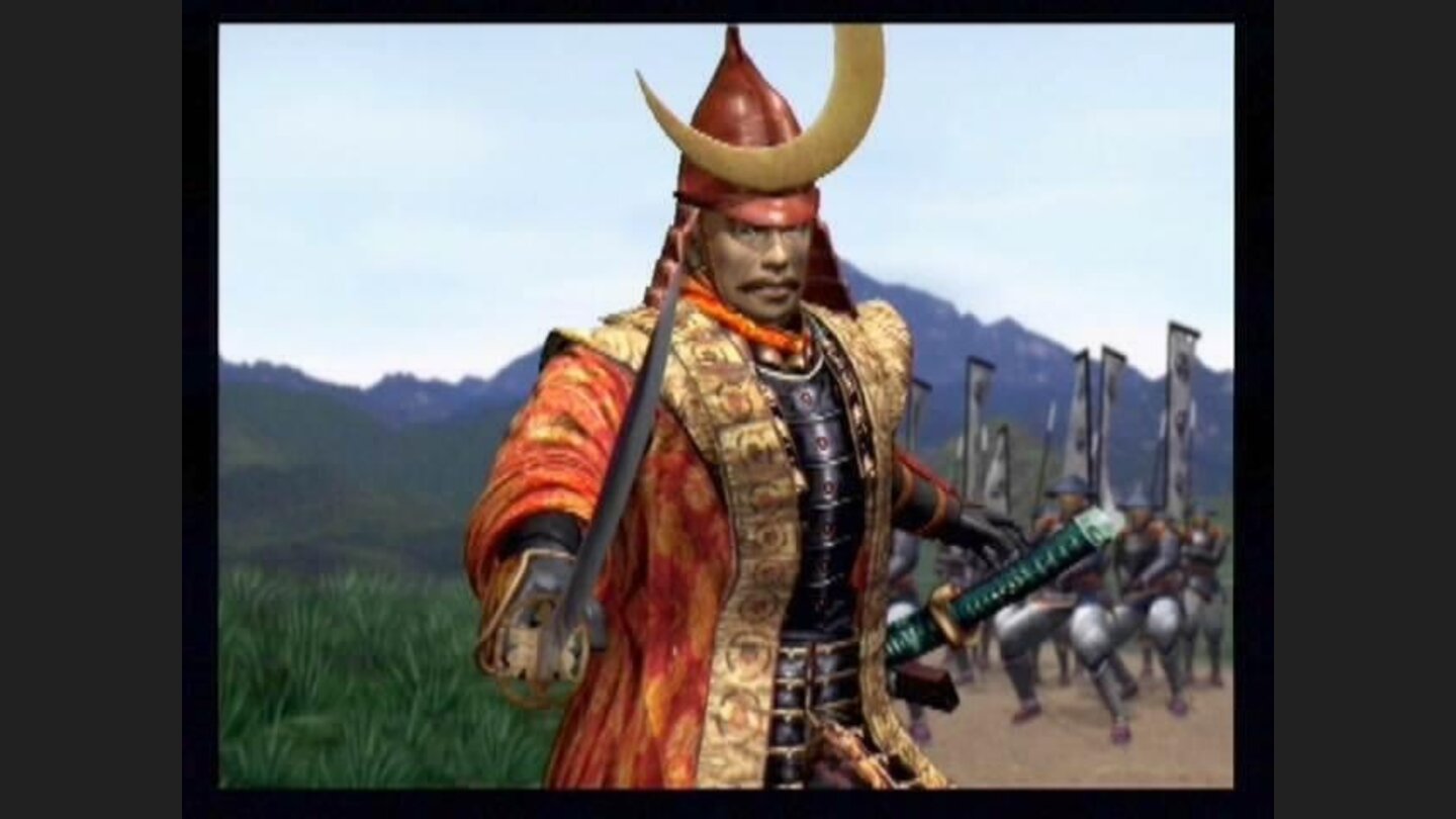 Buy this game! Shima performs some stunts and challenges Tokugawa during a pre-battle cutscene.