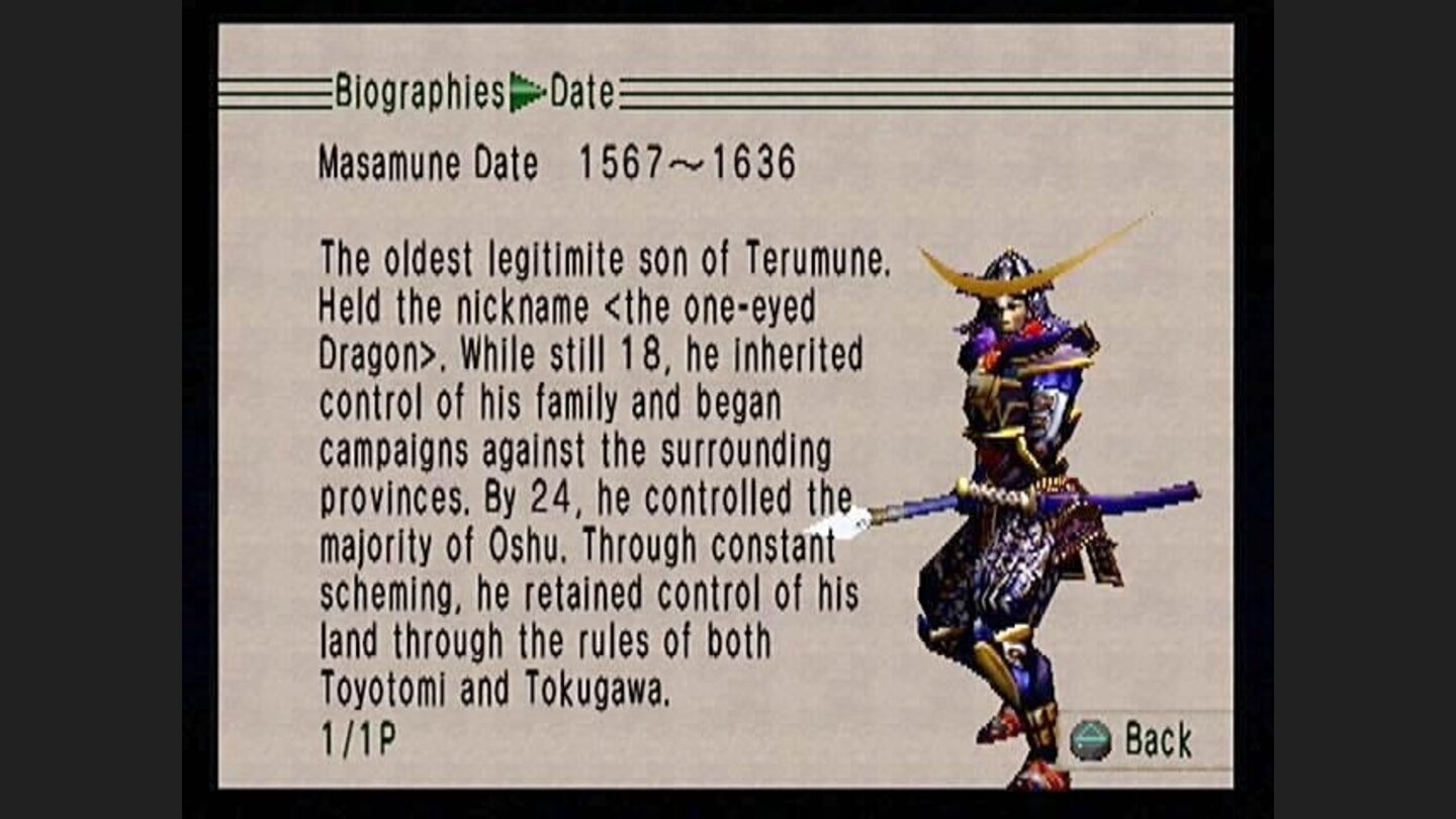 History Lesson. Included with the game is a brief encyclopedia, detailing the background of the major players in the game, such as Date Masamune.