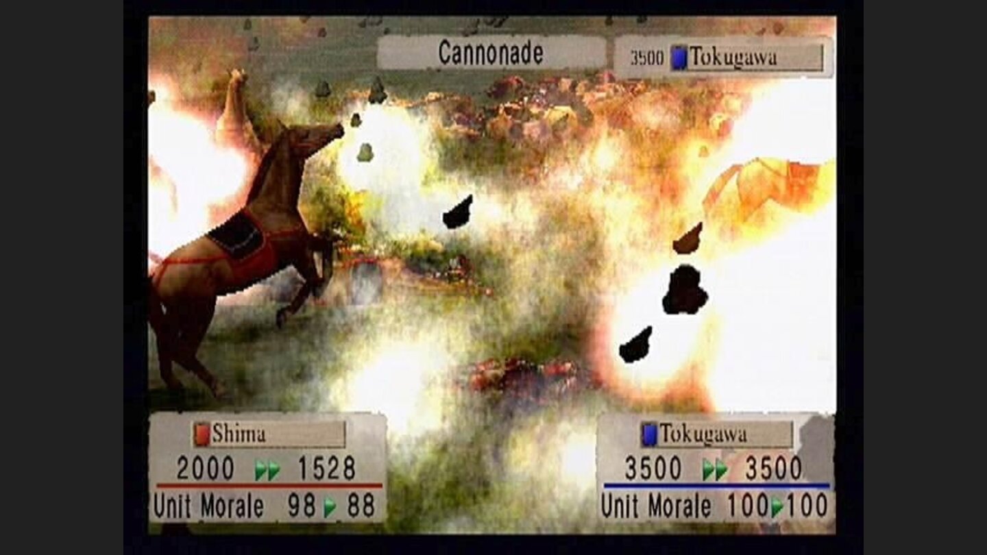 Ouch! Tokugawas cannon hit home, sending both men and horses scattering.